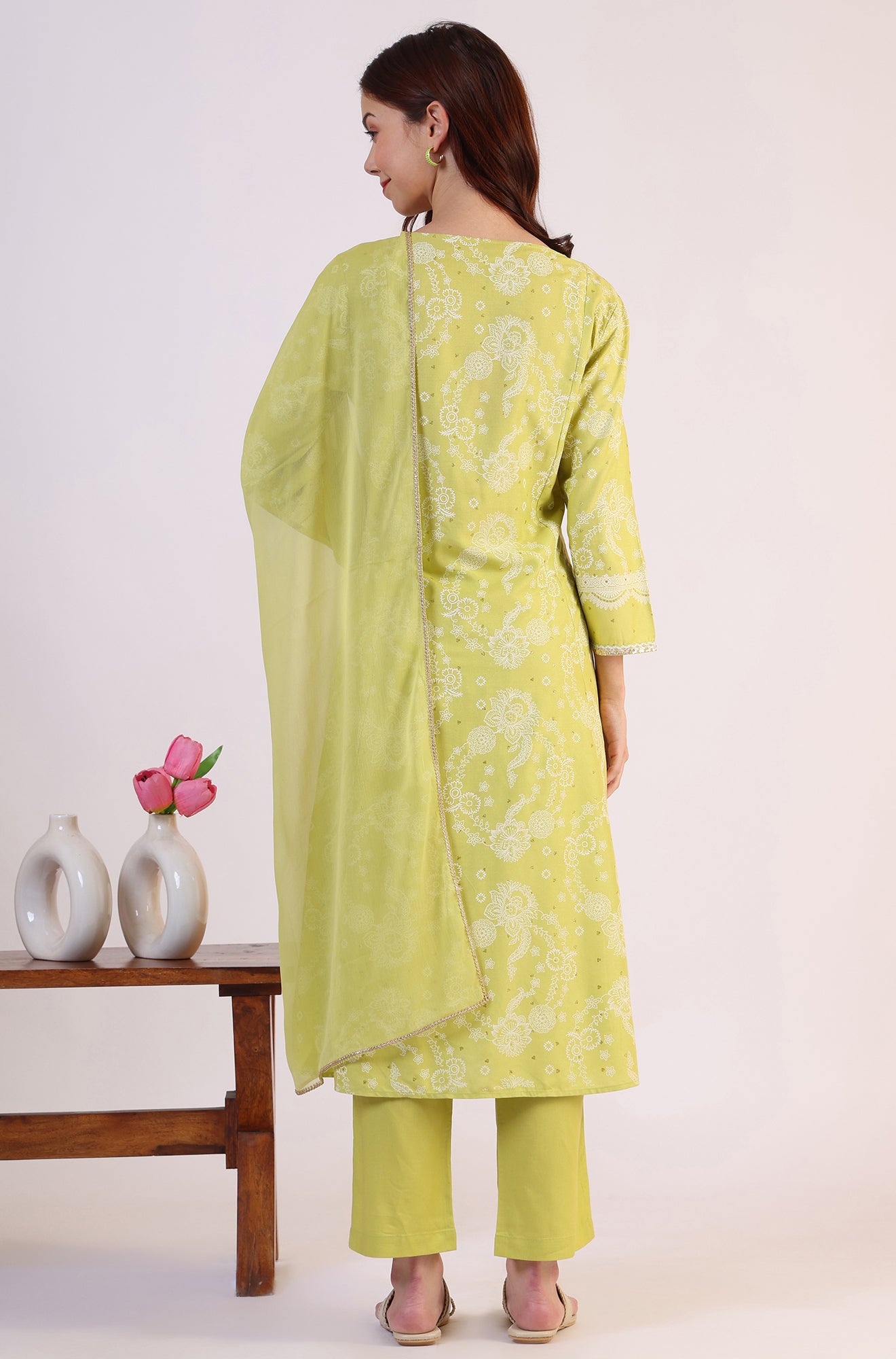 Lime Green Floral Printed Sequined Rayon Anarkali Kurta, Straight Pants and Dupatta Set
