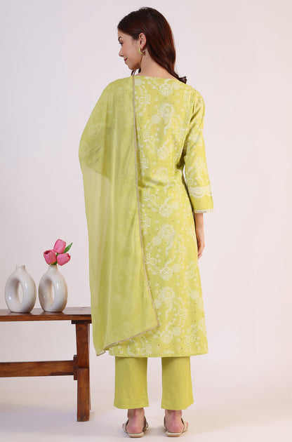 Lime Green Floral Printed Sequined Rayon Anarkali Kurta, Straight Pants and Dupatta Set