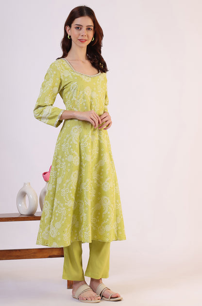 Lime Green Floral Printed Sequined Rayon Anarkali Kurta, Straight Pants and Dupatta Set