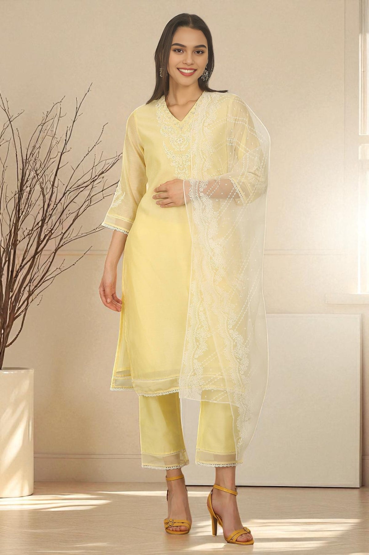 Lemon Yellow Embroidered Chanderi A-line Kurta, Pants and Dupatta Set - M