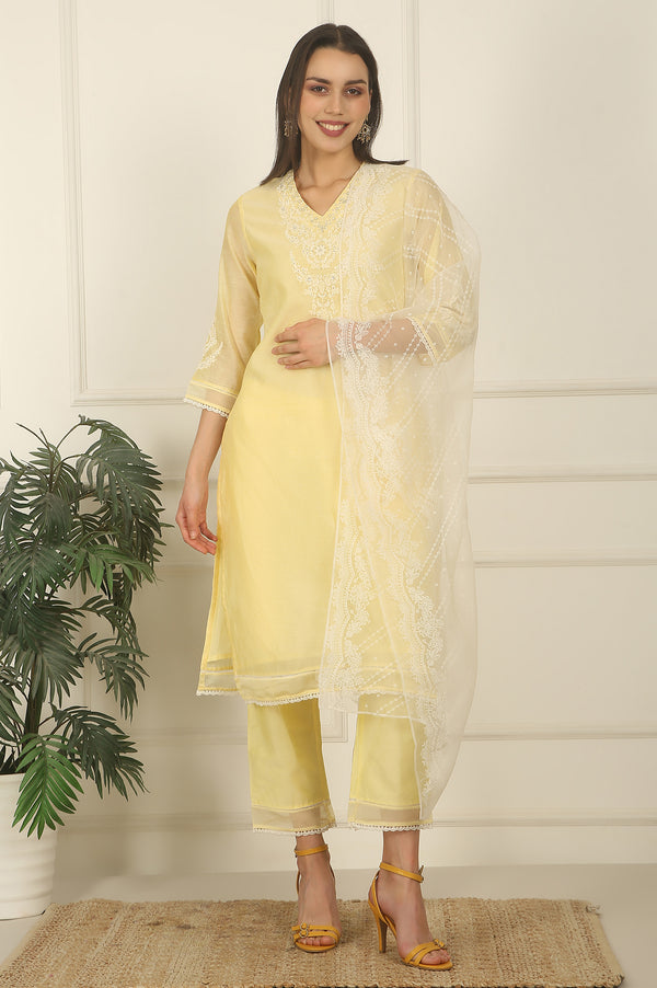 Lemon Yellow Embroidered Chanderi A-line Kurta, Pants and Dupatta Set