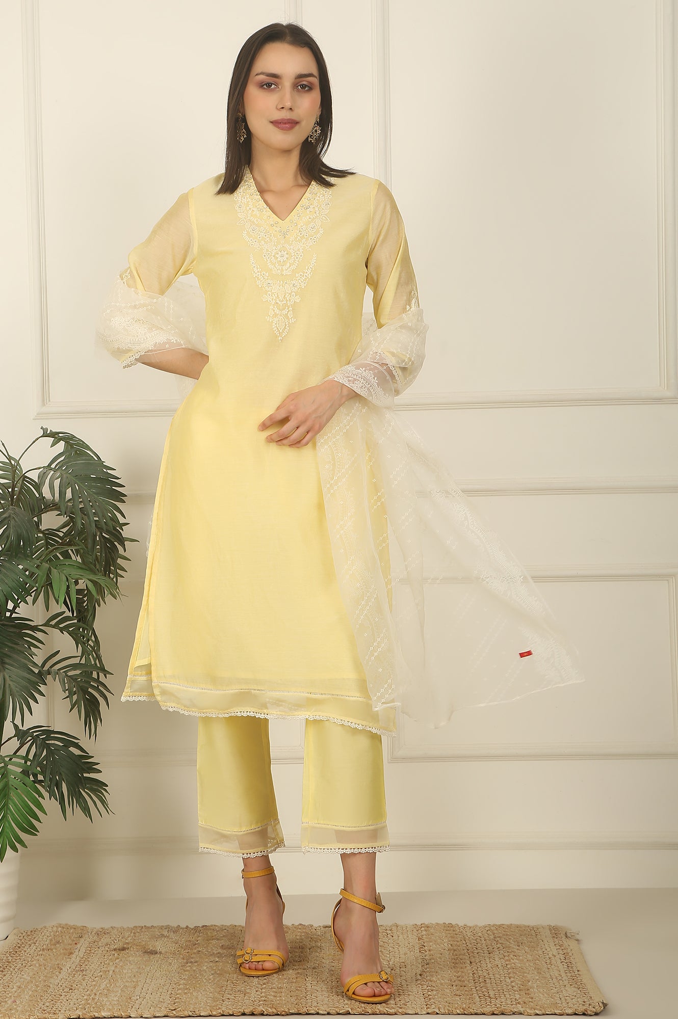 Lemon Yellow Embroidered Chanderi A-line Kurta, Pants and Dupatta Set