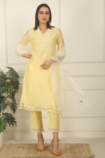 Lemon Yellow Embroidered Chanderi A-line Kurta, Pants and Dupatta Set