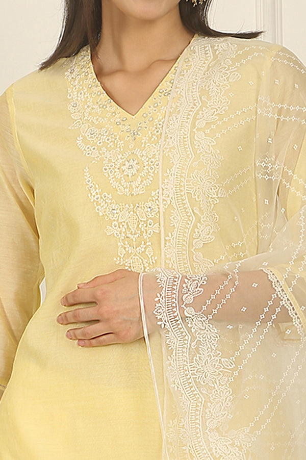 Lemon Yellow Embroidered Chanderi A-line Kurta, Pants and Dupatta Set