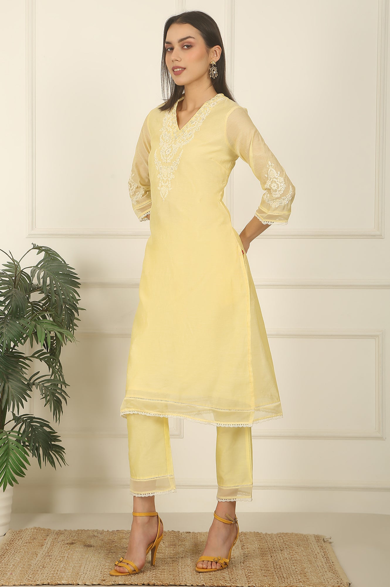 Lemon Yellow Embroidered Chanderi A-line Kurta, Pants and Dupatta Set