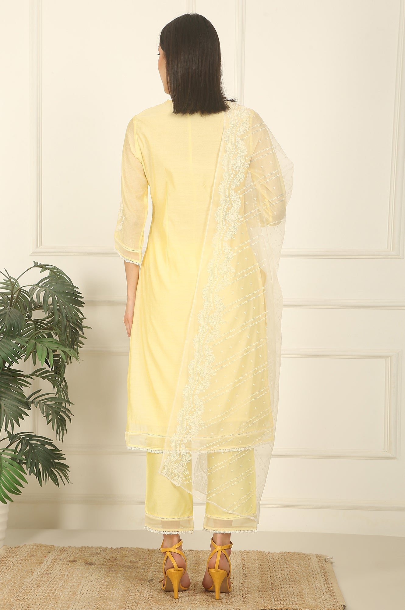 Lemon Yellow Embroidered Chanderi A-line Kurta, Pants and Dupatta Set