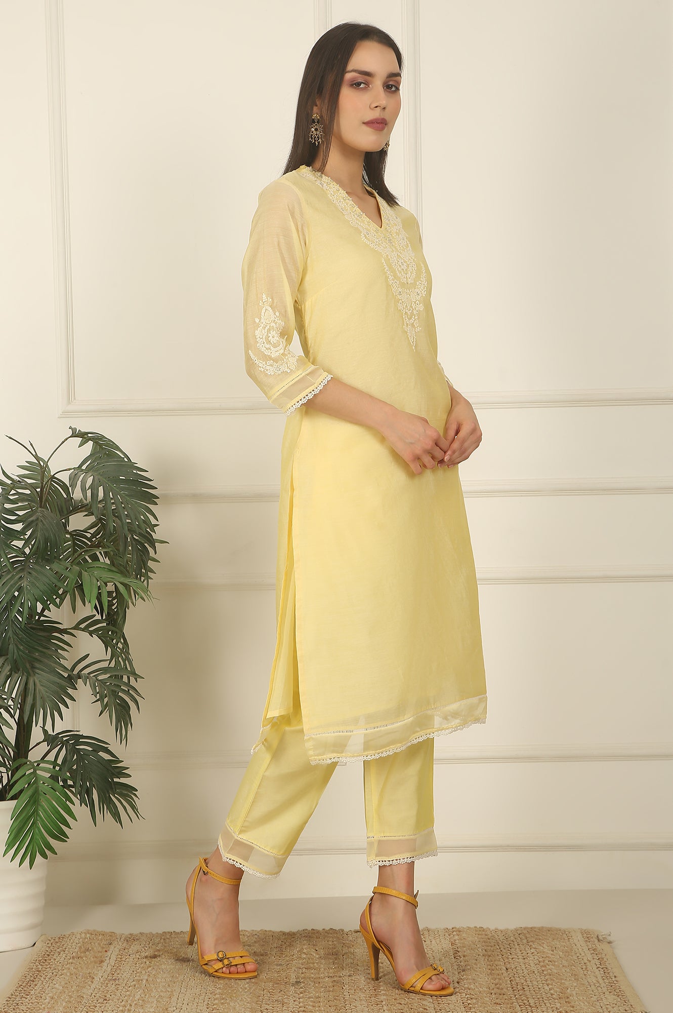 Lemon Yellow Embroidered Chanderi A-line Kurta, Pants and Dupatta Set