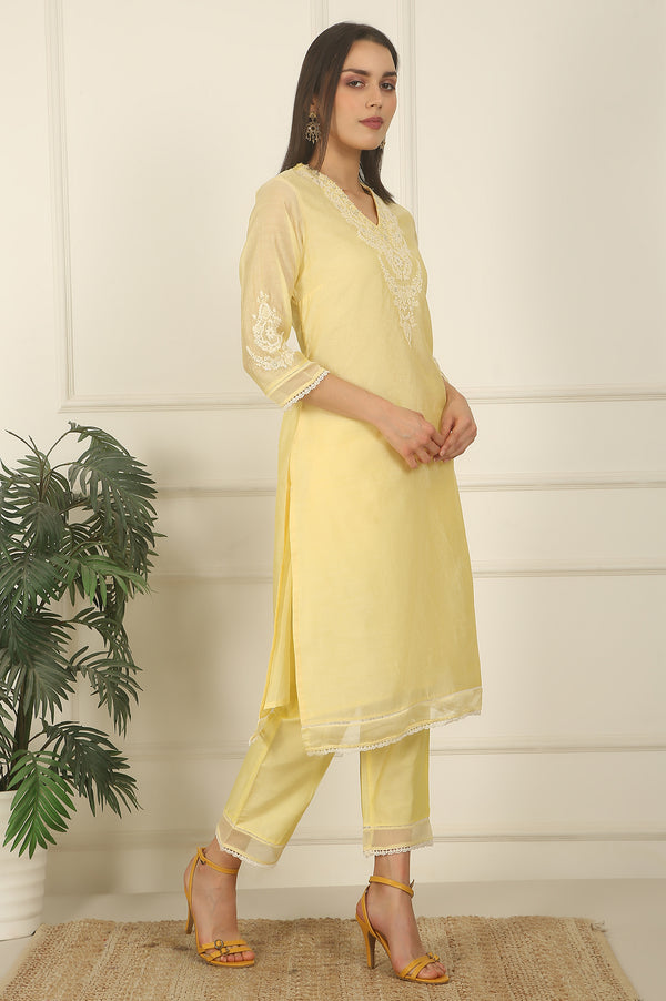 Lemon Yellow Embroidered Chanderi A-line Kurta, Pants and Dupatta Set