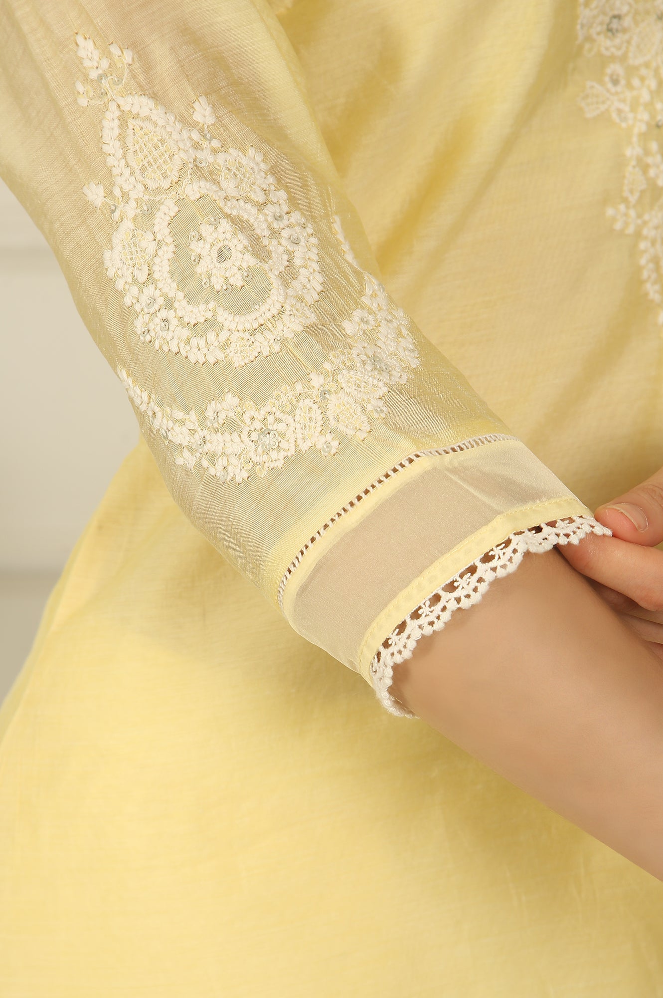 Lemon Yellow Embroidered Chanderi A-line Kurta, Pants and Dupatta Set