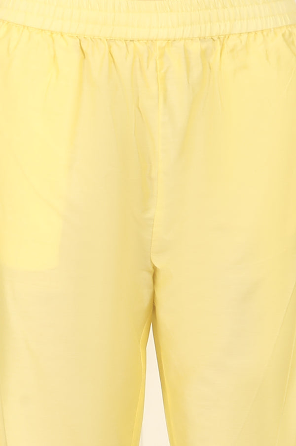 Lemon Yellow Embroidered Chanderi A-line Kurta, Pants and Dupatta Set