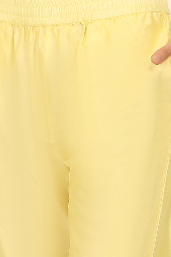 Lemon Yellow Embroidered Chanderi A-line Kurta, Pants and Dupatta Set