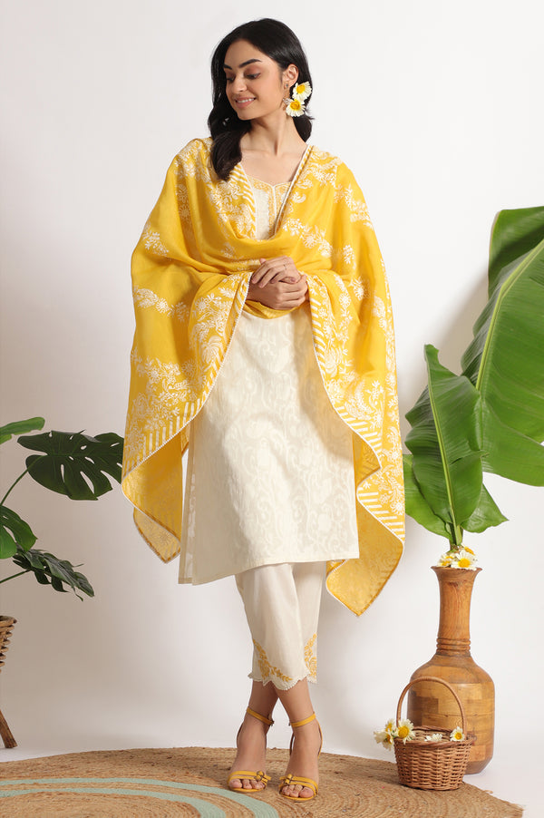 White Embroidered Jacquard Straight Kurta, Pants and Dupatta Set
