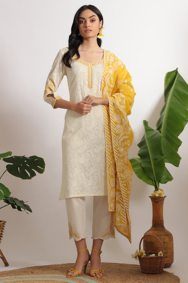 White Embroidered Jacquard Straight Kurta, Pants and Dupatta Set