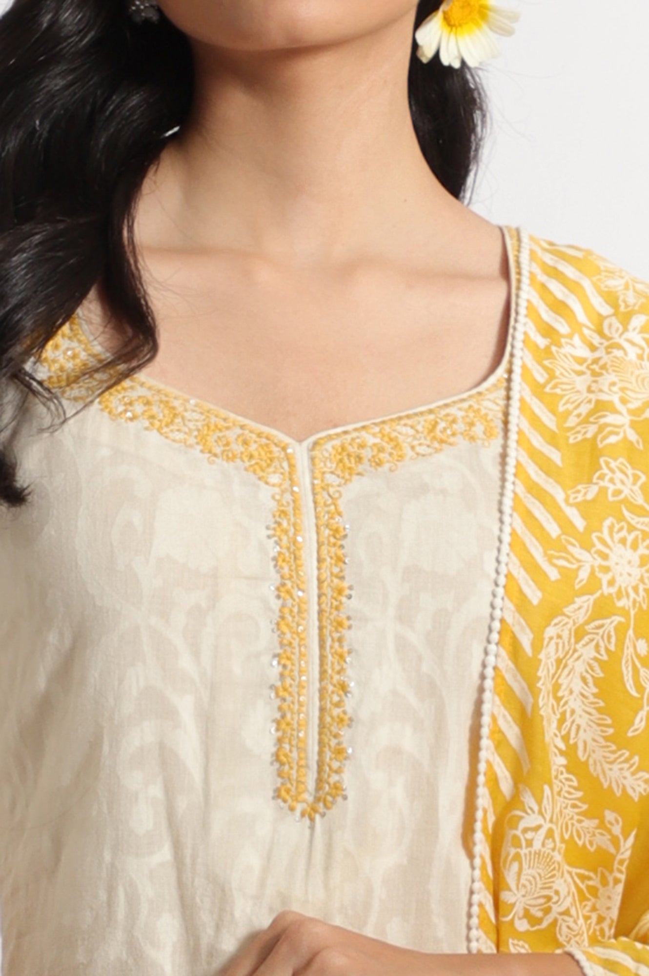 White Embroidered Jacquard Straight Kurta, Pants and Dupatta Set