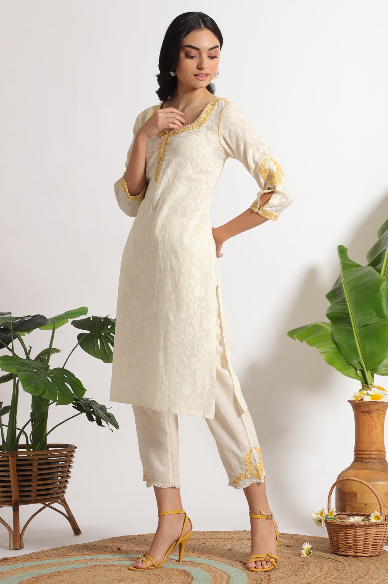 White Embroidered Jacquard Straight Kurta, Pants and Dupatta Set