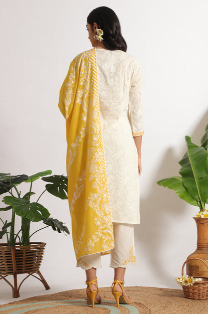 White Embroidered Jacquard Straight Kurta, Pants and Dupatta Set