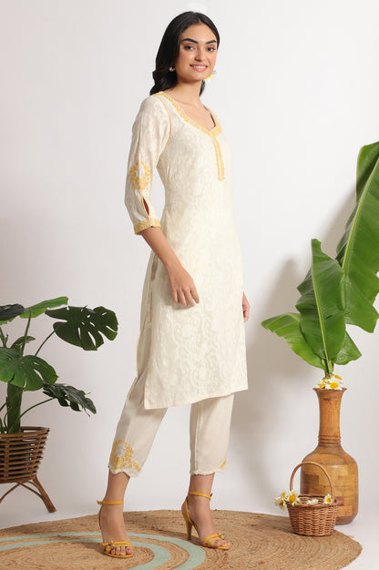 White Embroidered Jacquard Straight Kurta, Pants and Dupatta Set