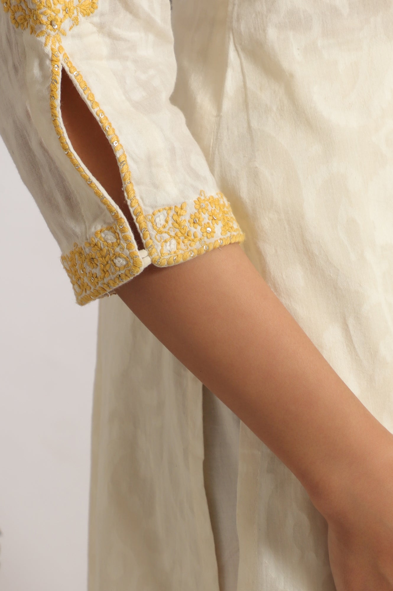 White Embroidered Jacquard Straight Kurta, Pants and Dupatta Set