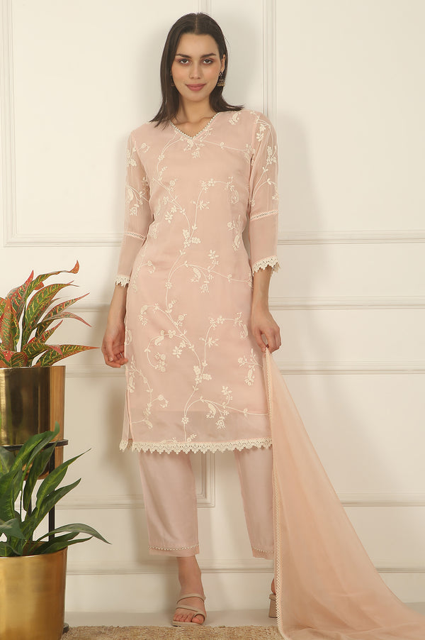 Light Pink Embroidered Organza Kurta, Pants and Dupatta Set