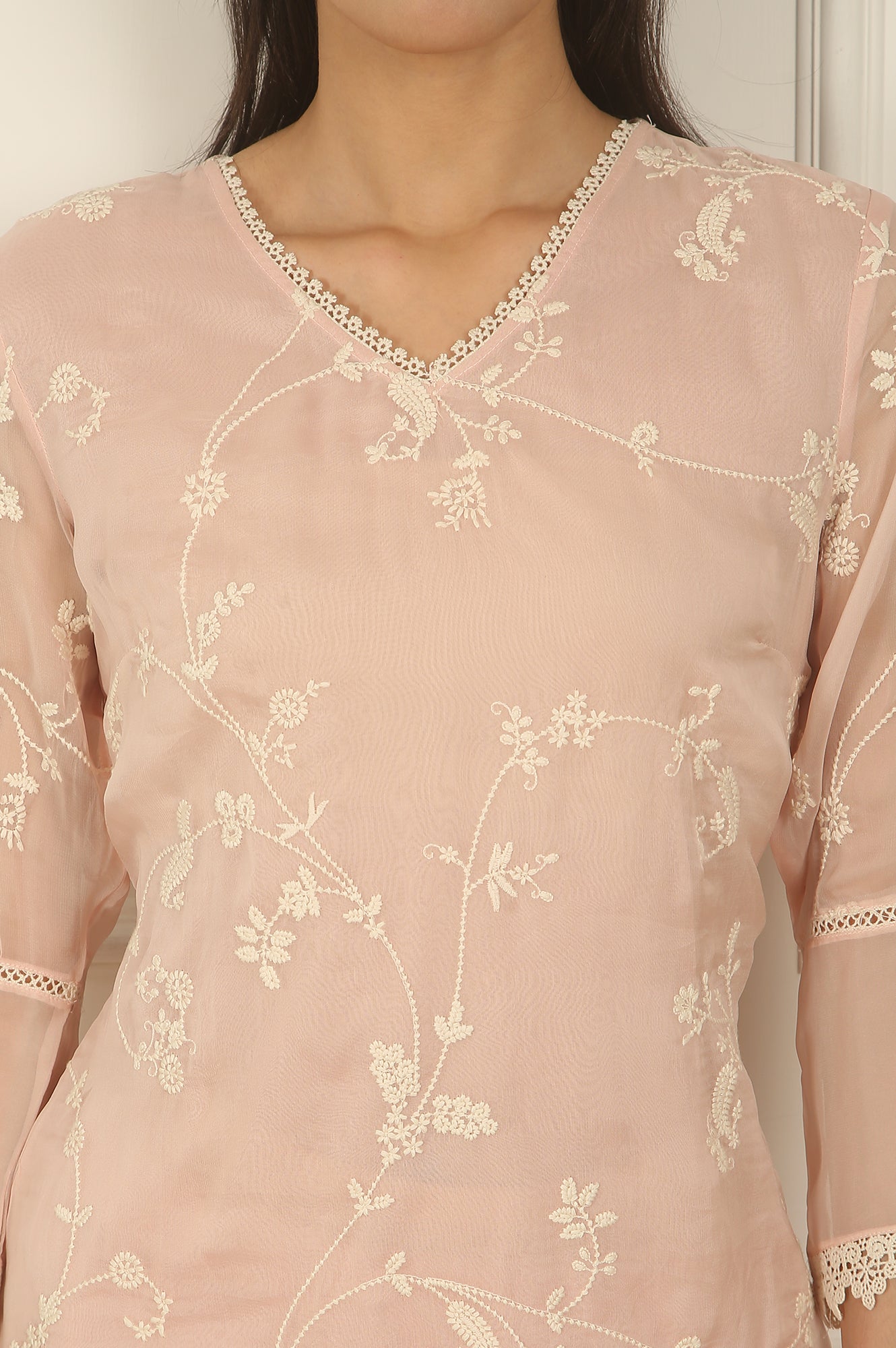 Light Pink Embroidered Organza Kurta, Pants and Dupatta Set