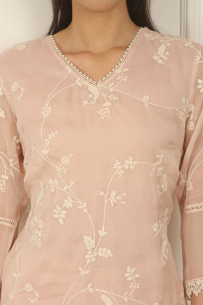Light Pink Embroidered Organza Kurta, Pants and Dupatta Set