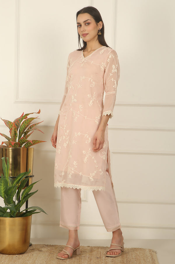 Light Pink Embroidered Organza Kurta, Pants and Dupatta Set