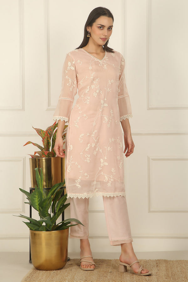 Light Pink Embroidered Organza Kurta, Pants and Dupatta Set