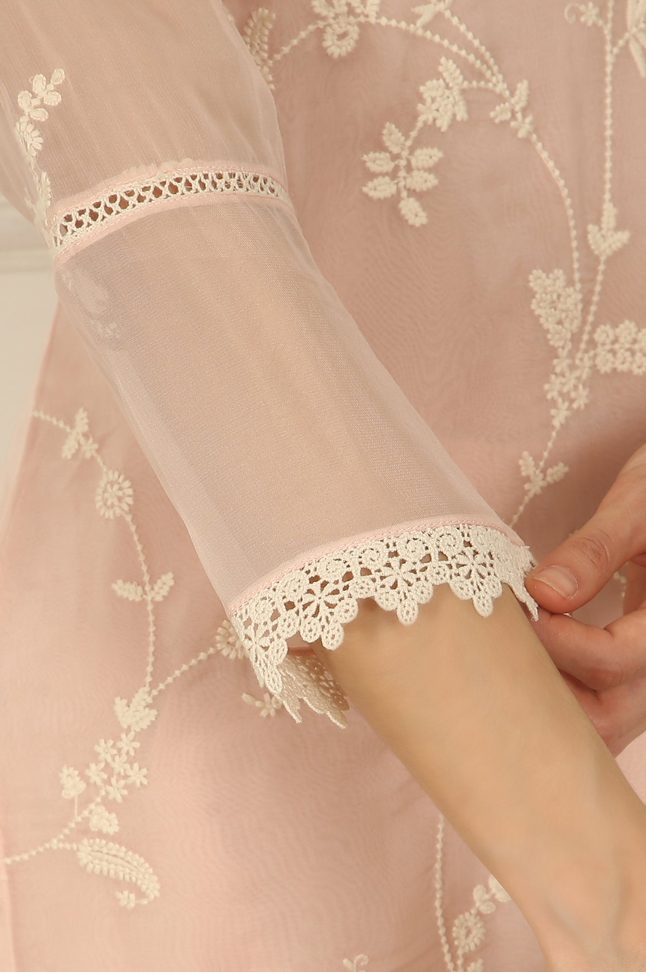 Light Pink Embroidered Organza Kurta, Pants and Dupatta Set