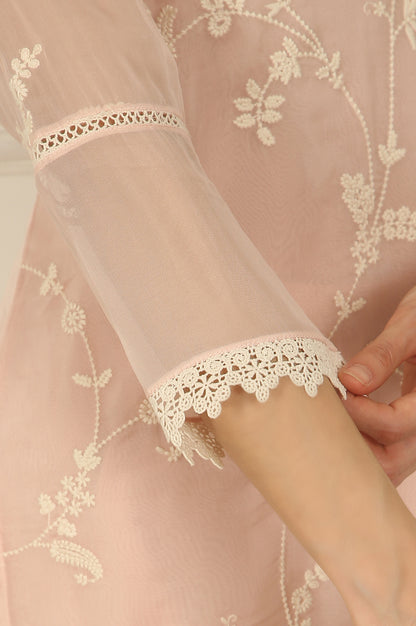 Light Pink Embroidered Organza Kurta, Pants and Dupatta Set