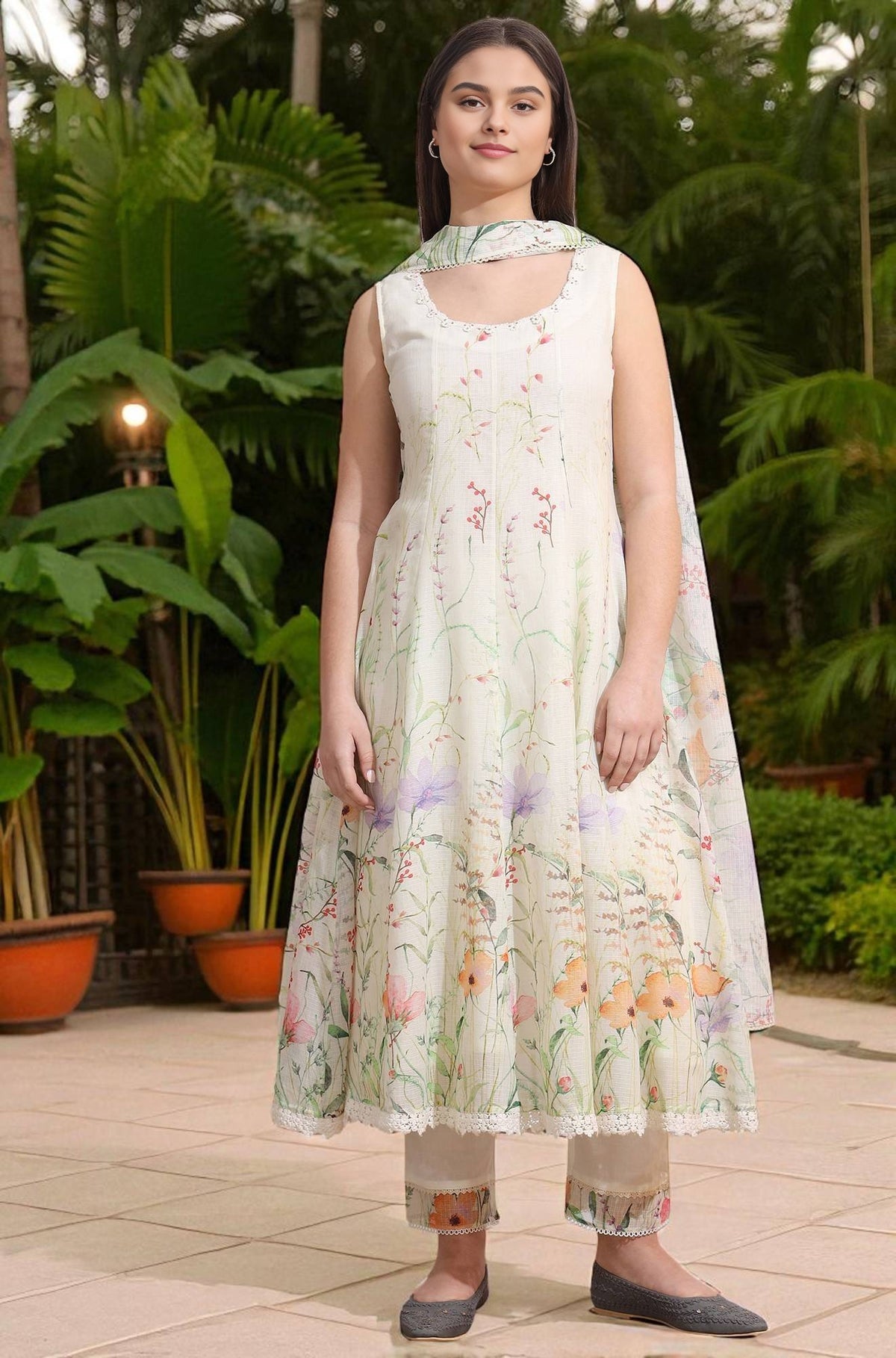 Cream Floral Printed Kota Sleeveless Anarkali Kurta, Pants and Dupatta Set - XS