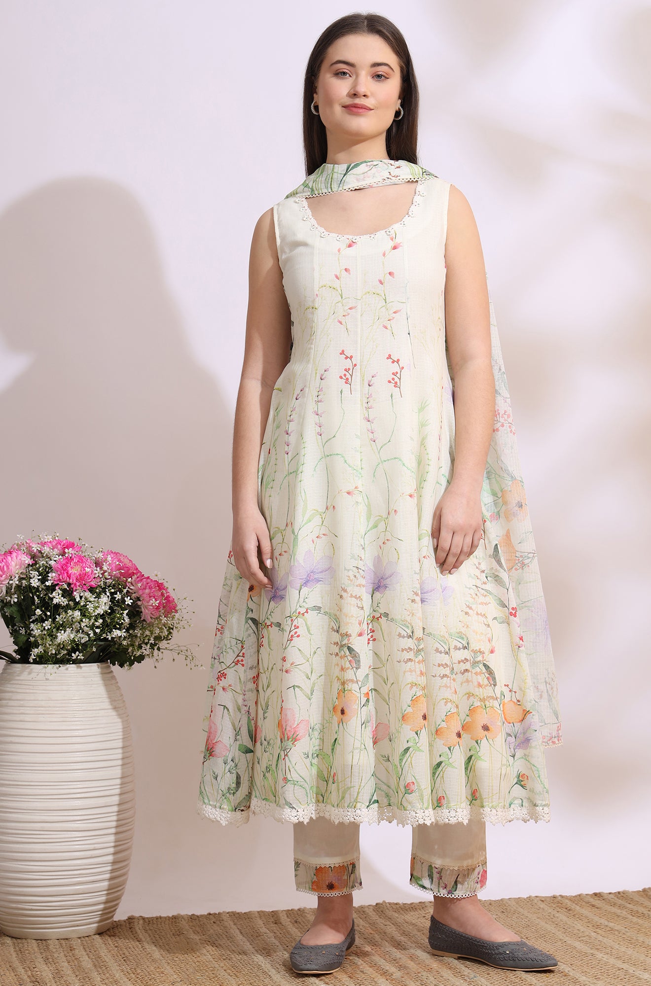 Cream Floral Printed Kota Sleeveless Anarkali Kurta, Pants and Dupatta Set