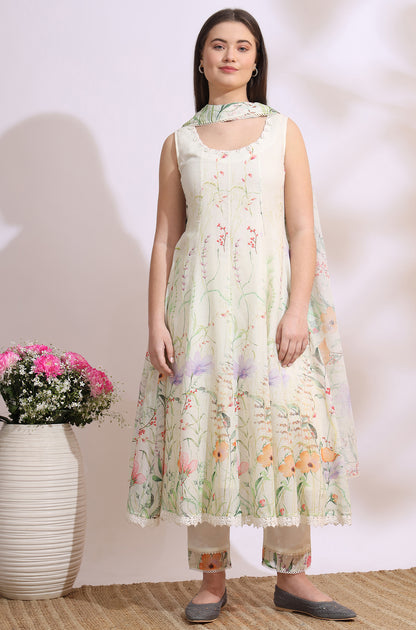 Cream Floral Printed Kota Sleeveless Anarkali Kurta, Pants and Dupatta Set