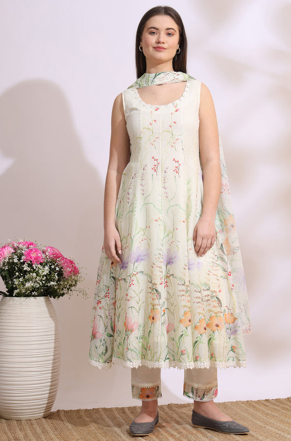 Cream Floral Printed Kota Sleeveless Anarkali Kurta, Pants and Dupatta Set