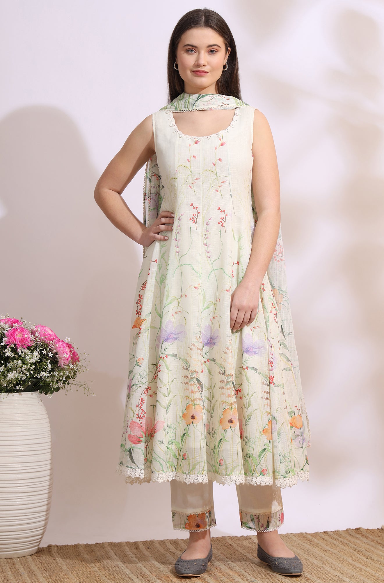 Cream Floral Printed Kota Sleeveless Anarkali Kurta, Pants and Dupatta Set