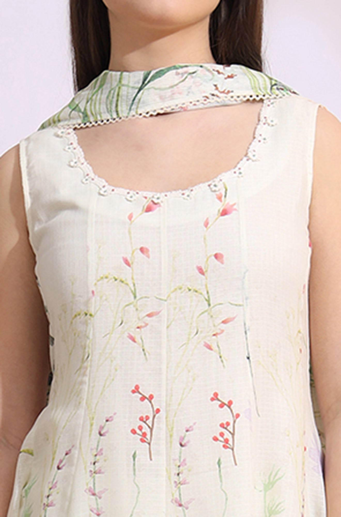 Cream Floral Printed Kota Sleeveless Anarkali Kurta, Pants and Dupatta Set