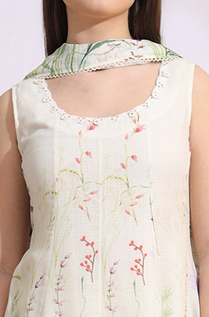 Cream Floral Printed Kota Sleeveless Anarkali Kurta, Pants and Dupatta Set