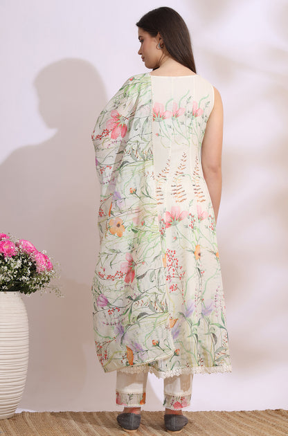 Cream Floral Printed Kota Sleeveless Anarkali Kurta, Pants and Dupatta Set