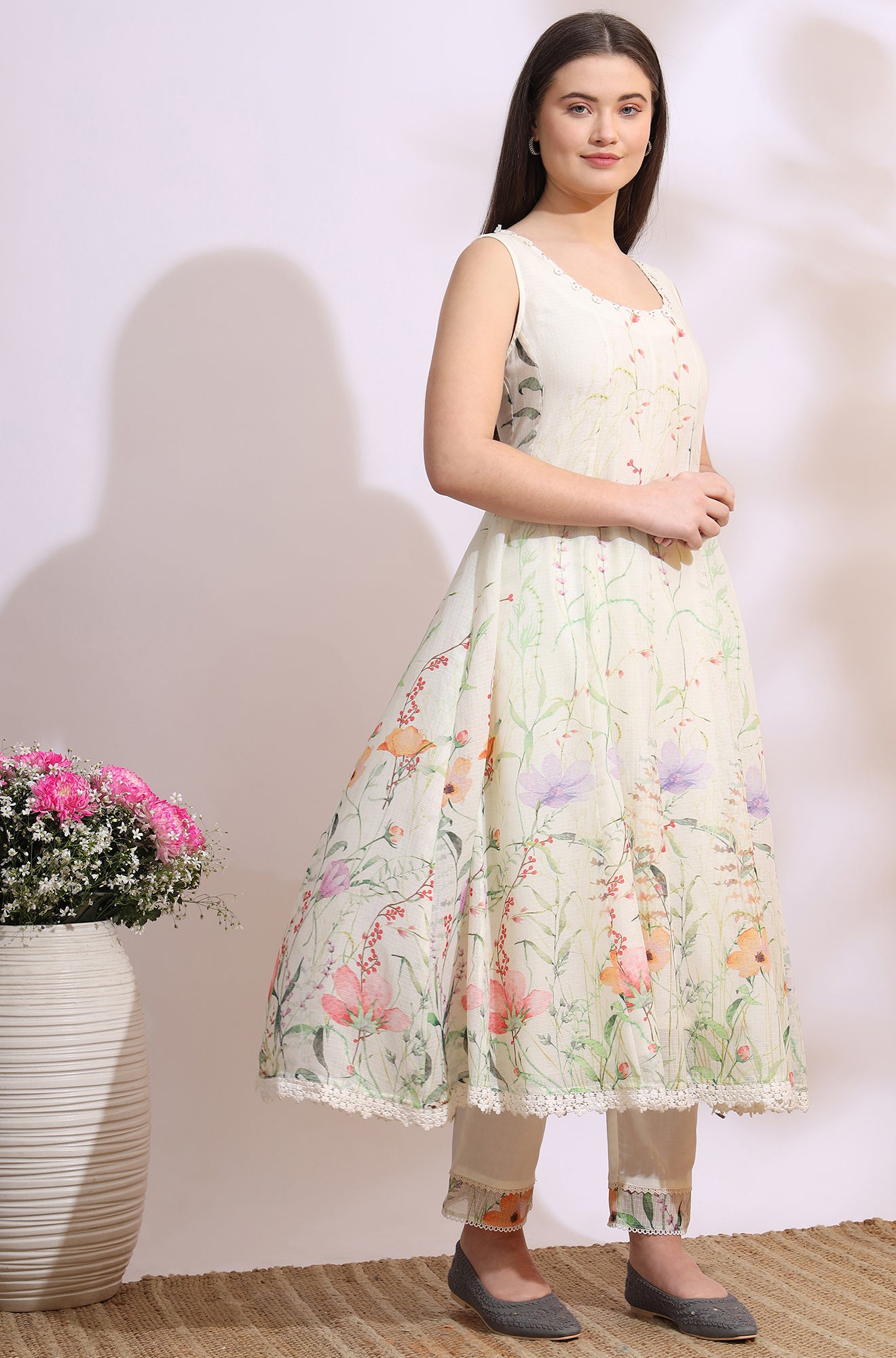 Cream Floral Printed Kota Sleeveless Anarkali Kurta, Pants and Dupatta Set