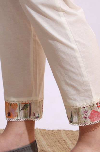 Cream Floral Printed Kota Sleeveless Anarkali Kurta, Pants and Dupatta Set