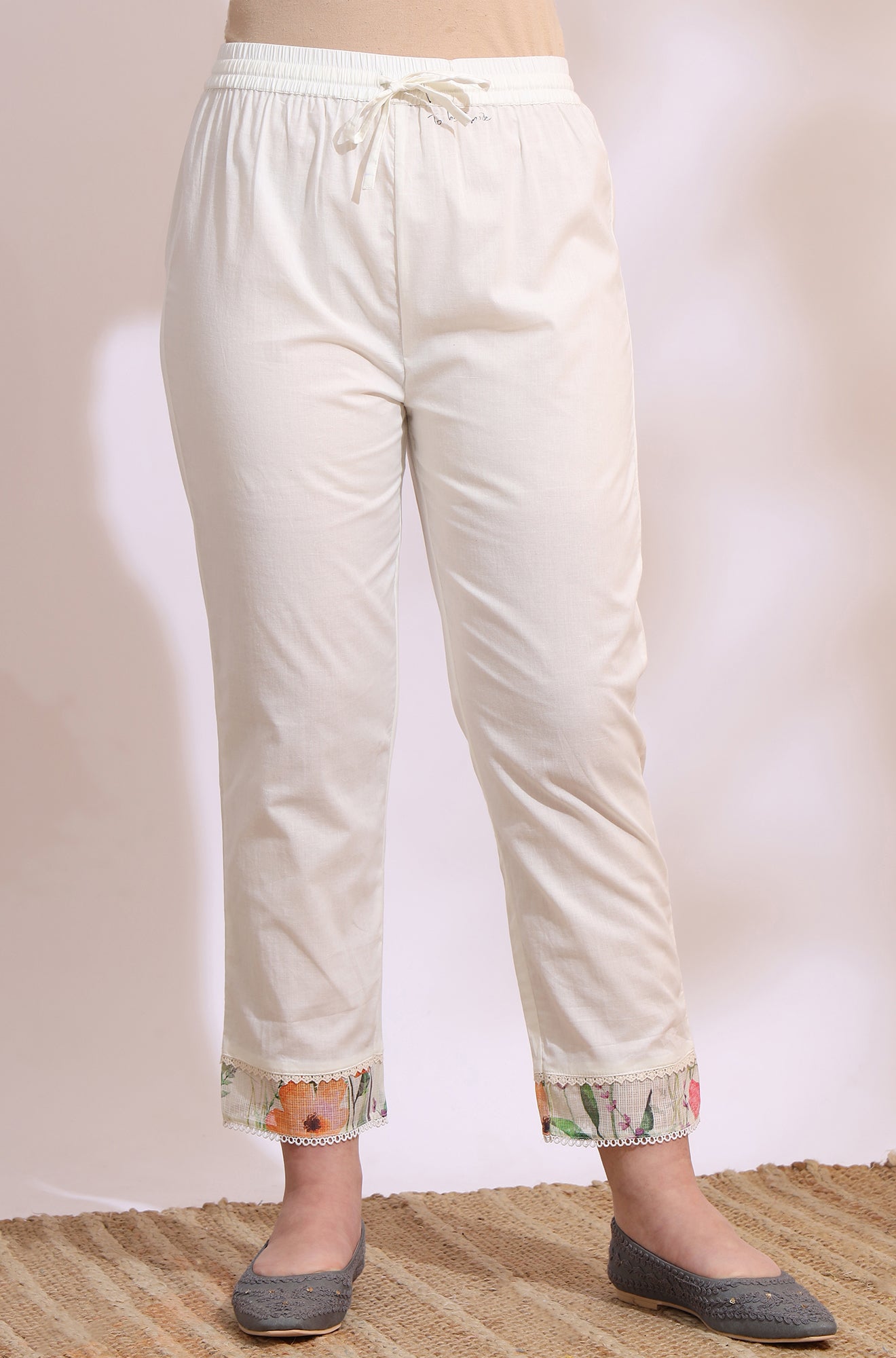 Cream Floral Printed Kota Sleeveless Anarkali Kurta, Pants and Dupatta Set