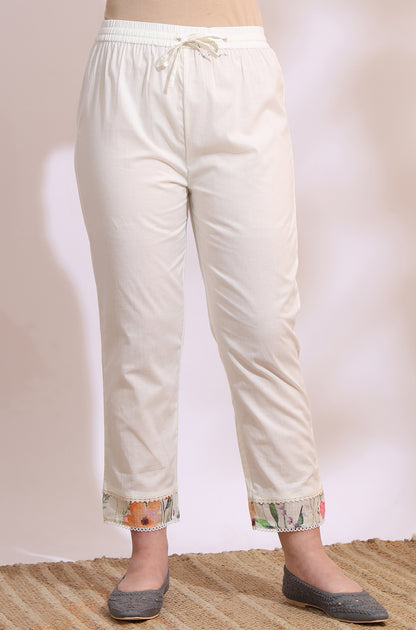 Cream Floral Printed Kota Sleeveless Anarkali Kurta, Pants and Dupatta Set