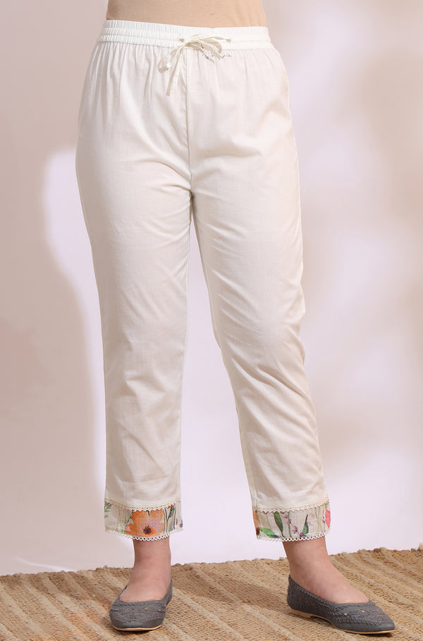 Cream Floral Printed Kota Sleeveless Anarkali Kurta, Pants and Dupatta Set