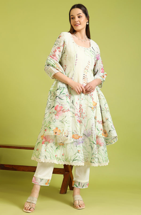 Cream Floral Printed Kota Anarkali Kurta, Pants and Dupatta Set