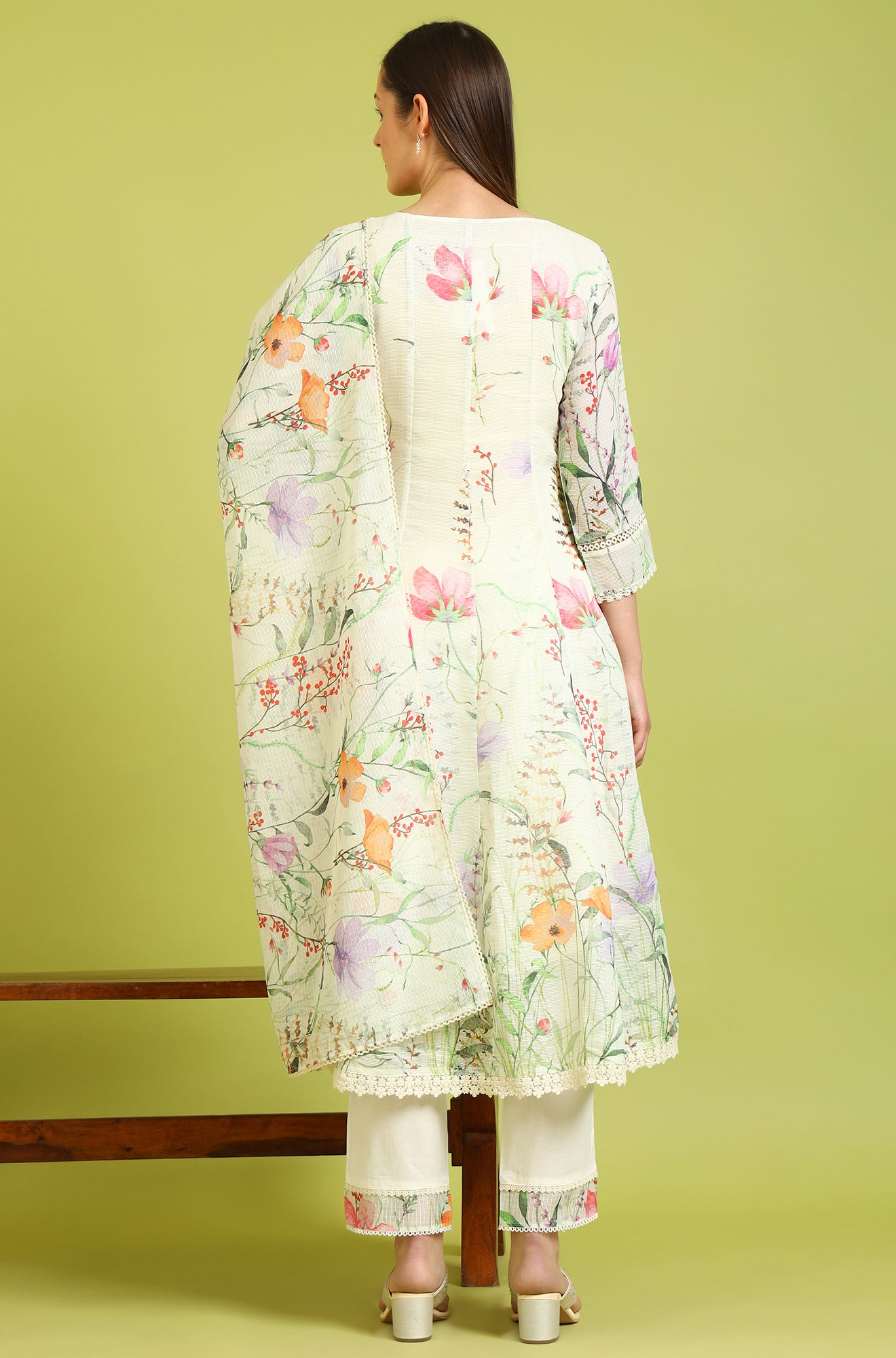 Cream Floral Printed Kota Anarkali Kurta, Pants and Dupatta Set