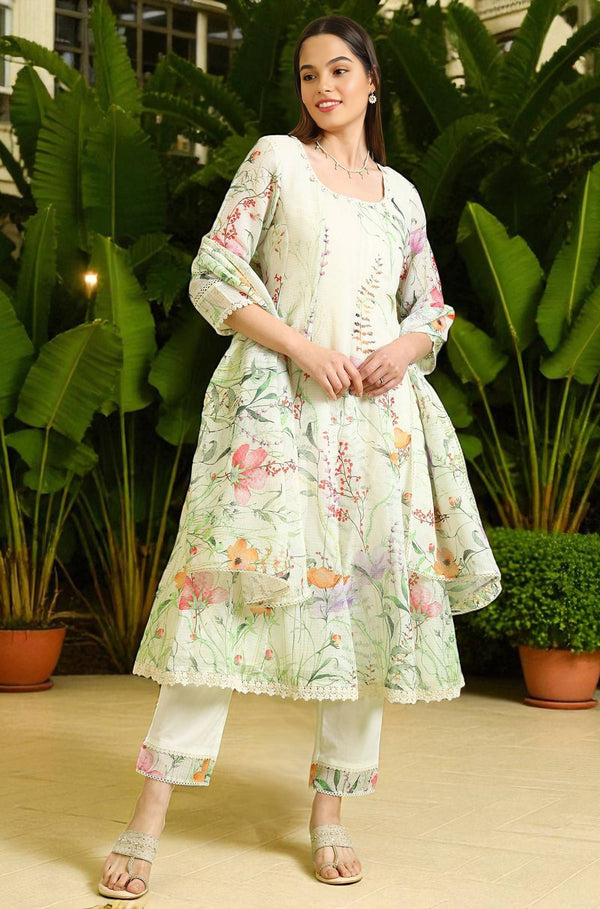 Cream Floral Printed Kota Anarkali Kurta, Pants and Dupatta Set