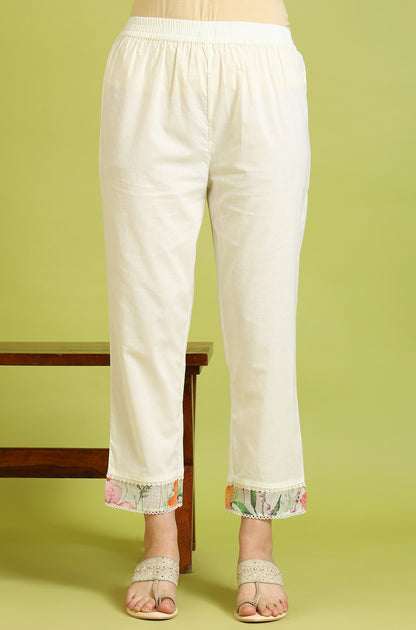 Cream Floral Printed Kota Anarkali Kurta, Pants and Dupatta Set