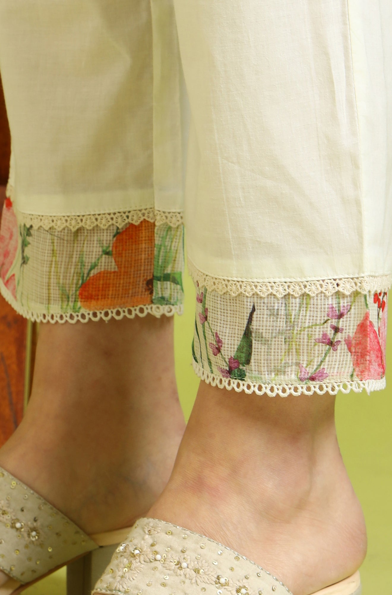 Cream Floral Printed Kota Anarkali Kurta, Pants and Dupatta Set