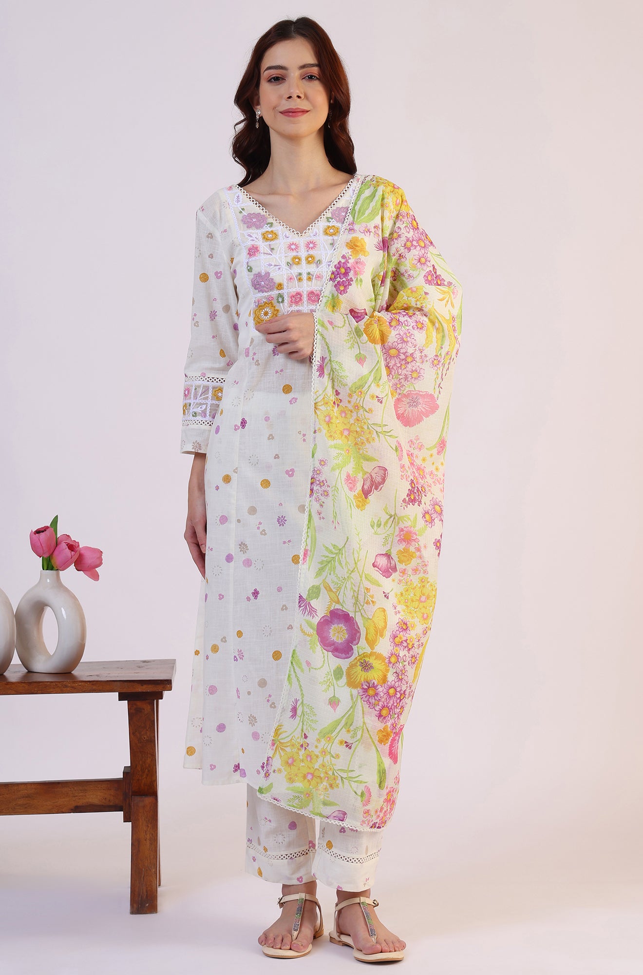 White Floral Printed Thread Work Flared Pure Cotton Kurta &amp; Straight Pant With Dupatta Set
