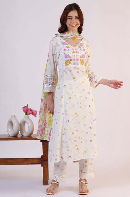 White Floral Printed Thread Work Flared Pure Cotton Kurta &amp; Straight Pant With Dupatta Set