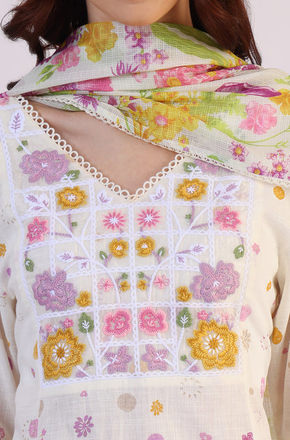 White Floral Printed Thread Work Flared Pure Cotton Kurta &amp; Straight Pant With Dupatta Set